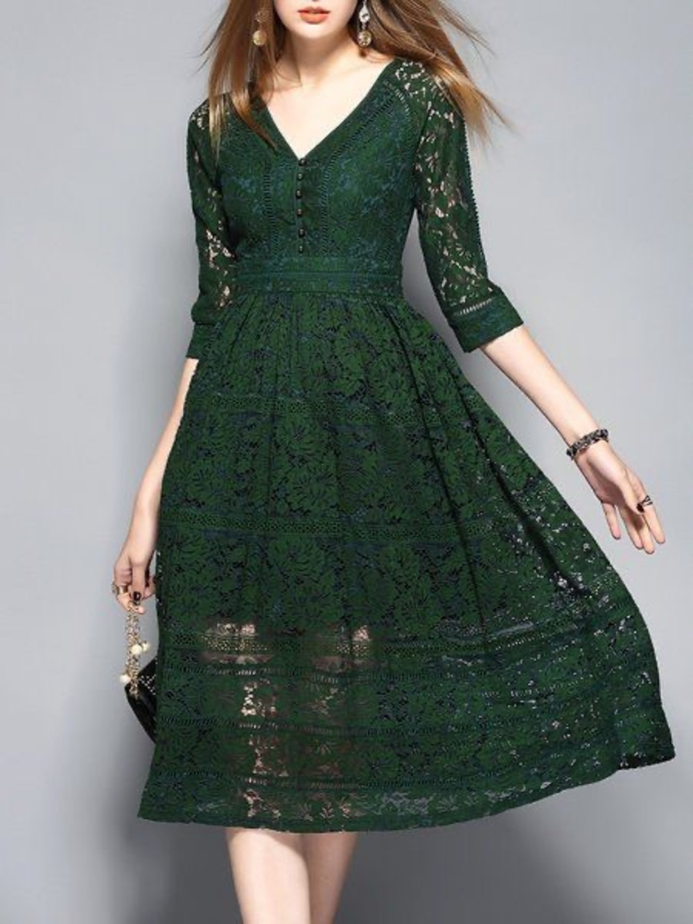 Metisu Women Green Lace V-Neck 3/4 Sleeves Fit & Flare Midi Party Dress Medium